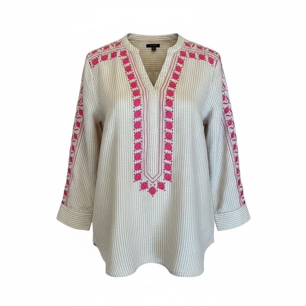 Anne Taylor Tan Stripes Pink Floral Embroidery Linen Tunic Blouse Top XL